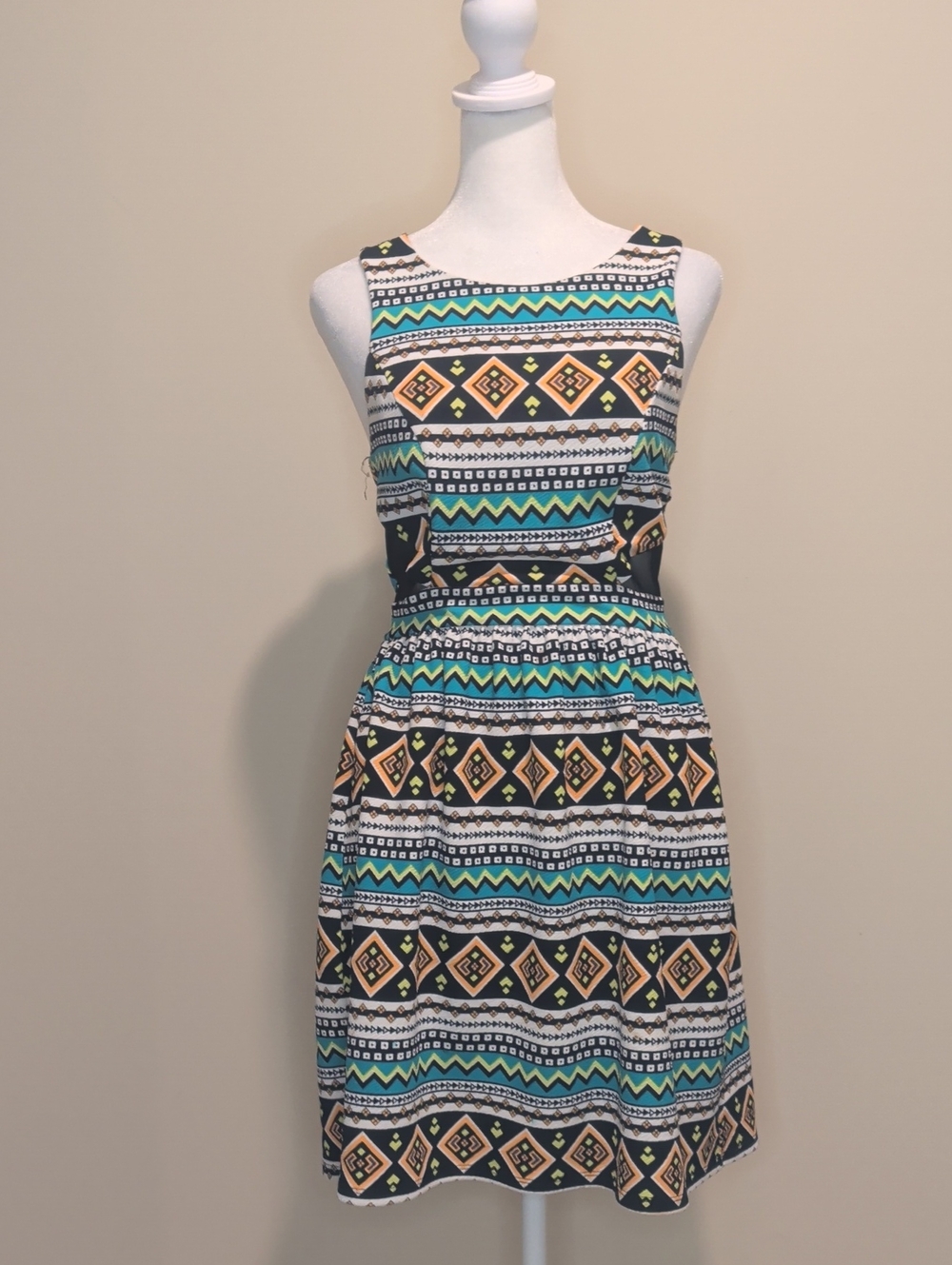 Monteau Aztec Print Midi Dress in Teal, Black and Orange with Mesh Cutouts